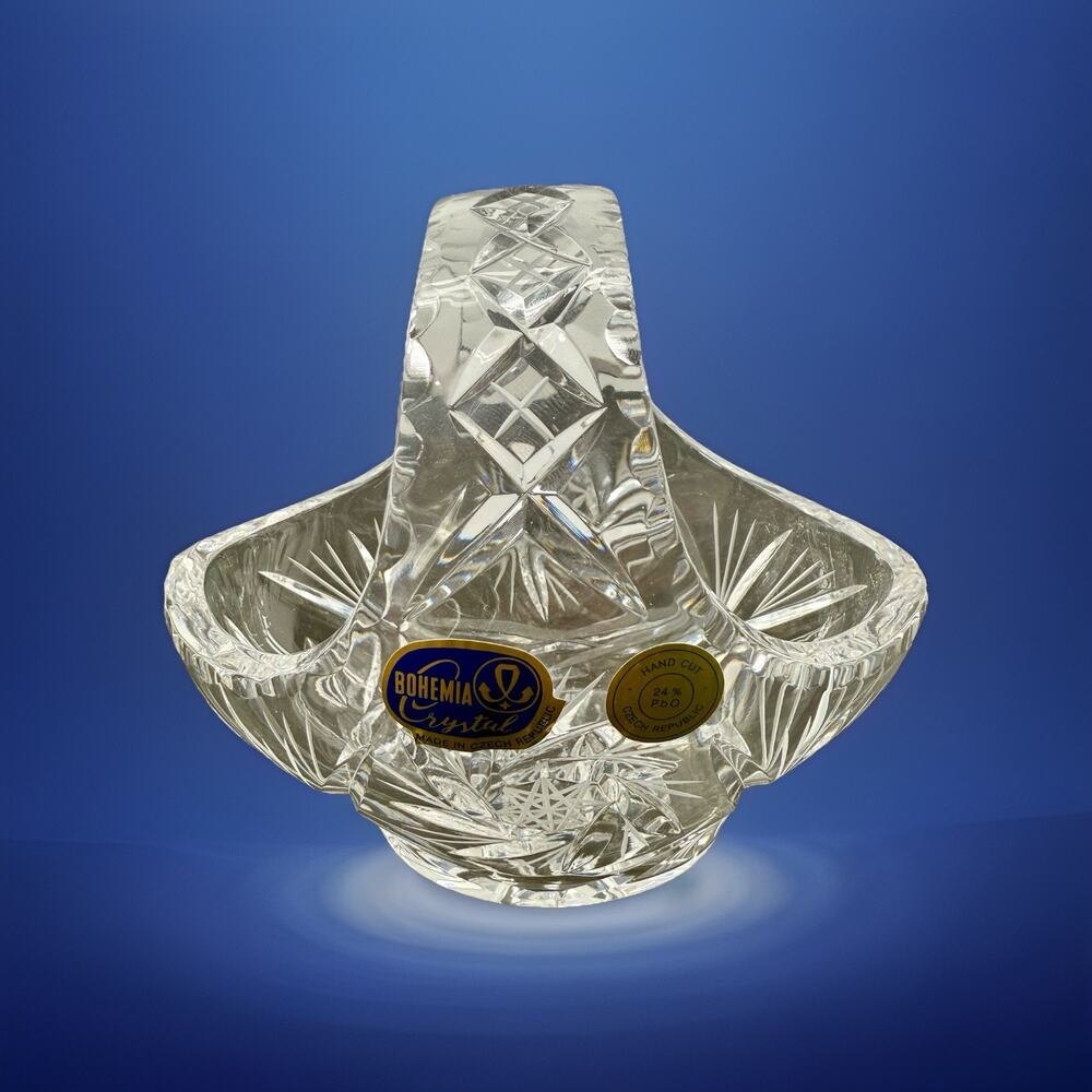 Bohemia Crystal 24% Lead Hand Cut Glass Basket Czech Republic Signed‎ Pristine